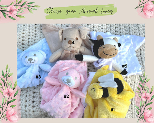 PLUSH Lovey Add On - Soft Cuddly Animal for Baby Shower Gift Baskets Child Newborn New Mom Cow Pink Blue Bear Bee Dog Puppy