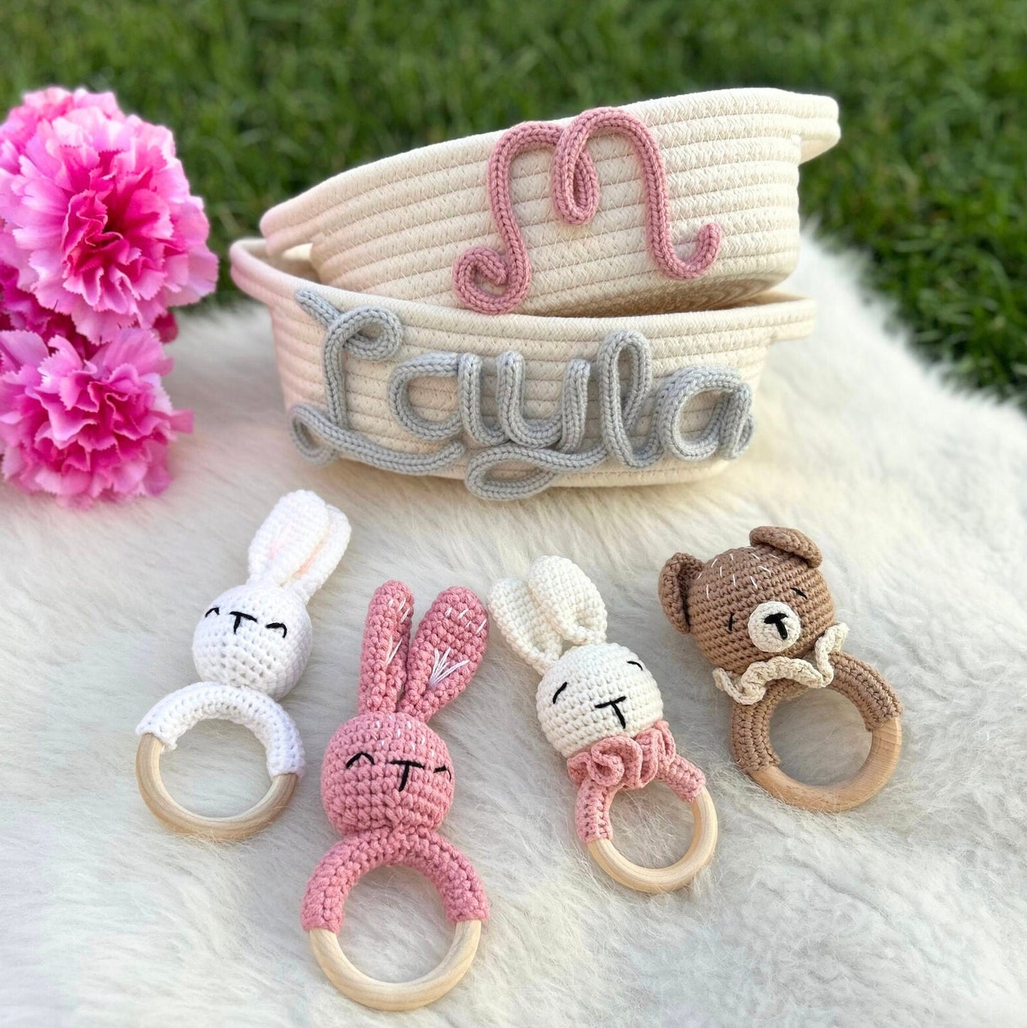 RATTLE Knit Lovey Add On - Soft Cuddly Animal for Baby Shower Gift Baskets Child Newborn New Mom Bear Rabbit Bunny Wooden