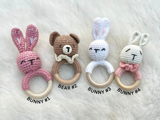 RATTLE Knit Lovey Add On - Soft Cuddly Animal for Baby Shower Gift Baskets Child Newborn New Mom Bear Rabbit Bunny Wooden