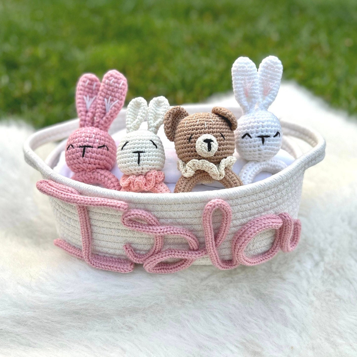 RATTLE Knit Lovey Add On - Soft Cuddly Animal for Baby Shower Gift Baskets Child Newborn New Mom Bear Rabbit Bunny Wooden