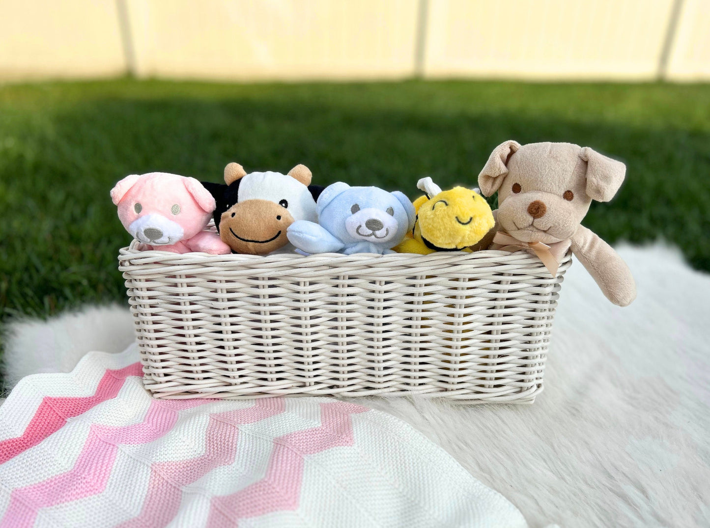 PLUSH Lovey Add On - Soft Cuddly Animal for Baby Shower Gift Baskets Child Newborn New Mom Cow Pink Blue Bear Bee Dog Puppy