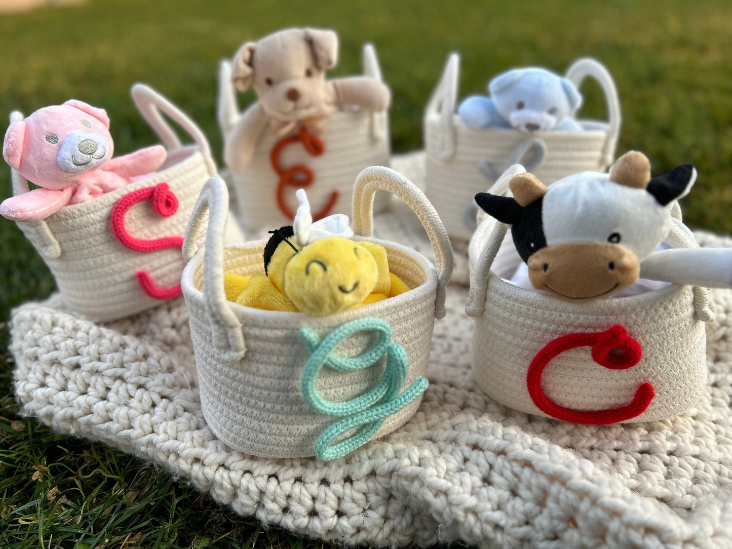 PERSONALIZED Baby Shower Gift Basket • Customize Handmade Plush Puppy Cow Bee Bear Monogram Basket Toy Basket Storage Basket Gift Initial