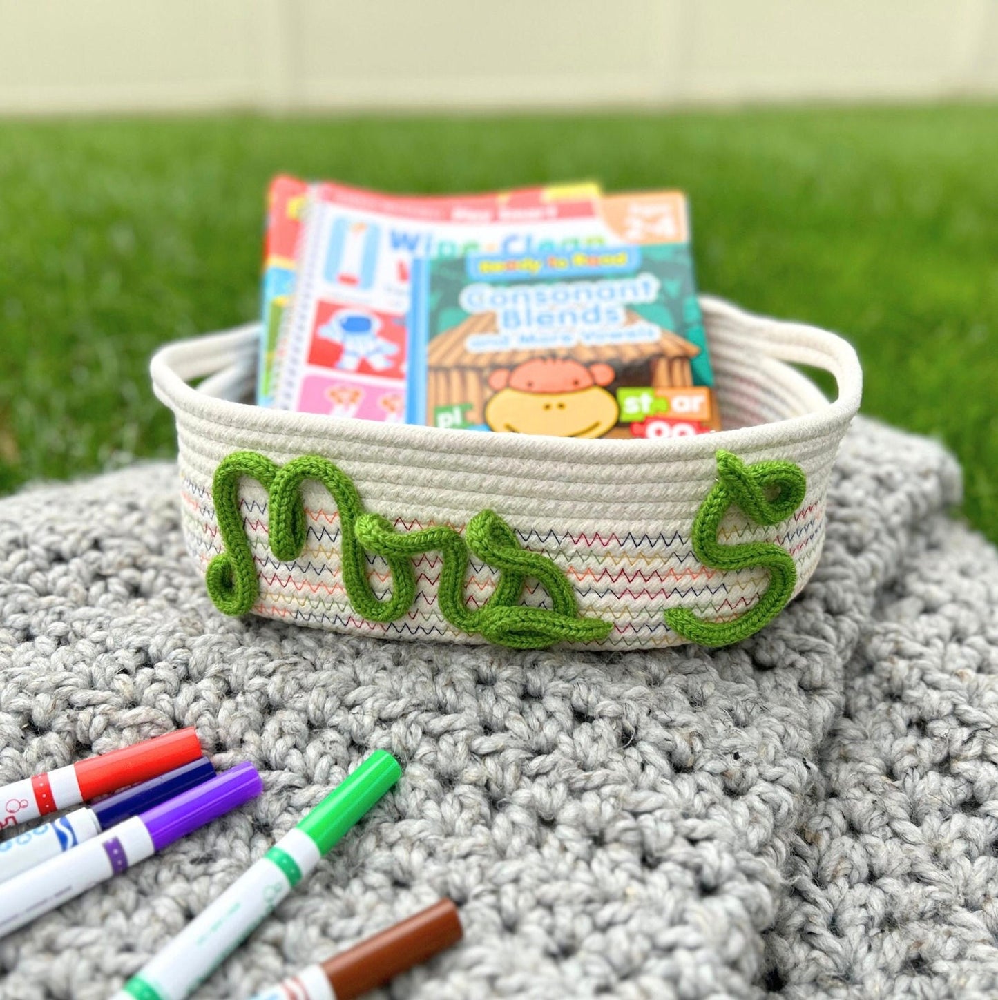 PERSONALIZED Teacher Gift Basket • Customize Rope Name Custom Monogram Toy Storage Initial Mrs Mr Ms