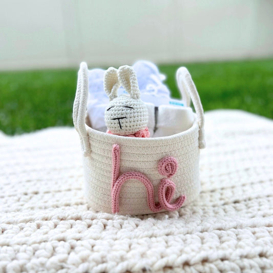 PERSONALIZED Welcome Baby Shower Gift Basket • Customize Rope Name Custom Monogram Hi Hello Gift Newborn  Toy Storage Basket Gift Initial